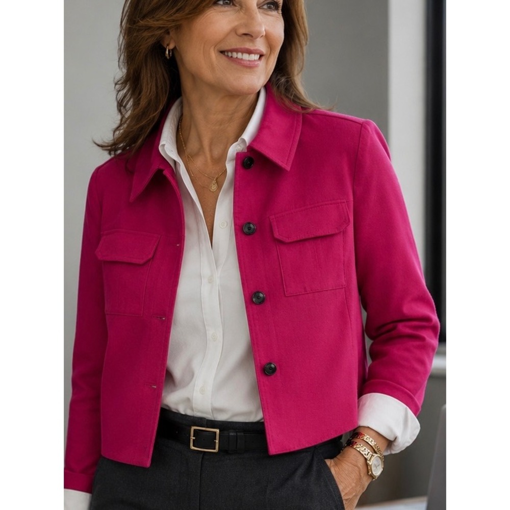 DKNY Pink Cropped Button Front Utility Jacket Size 10 Fuchsia Blazer Pockets